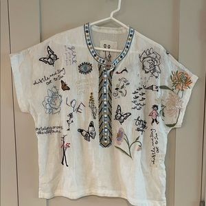 Johnny Was M White Linen Embroidered Tunic